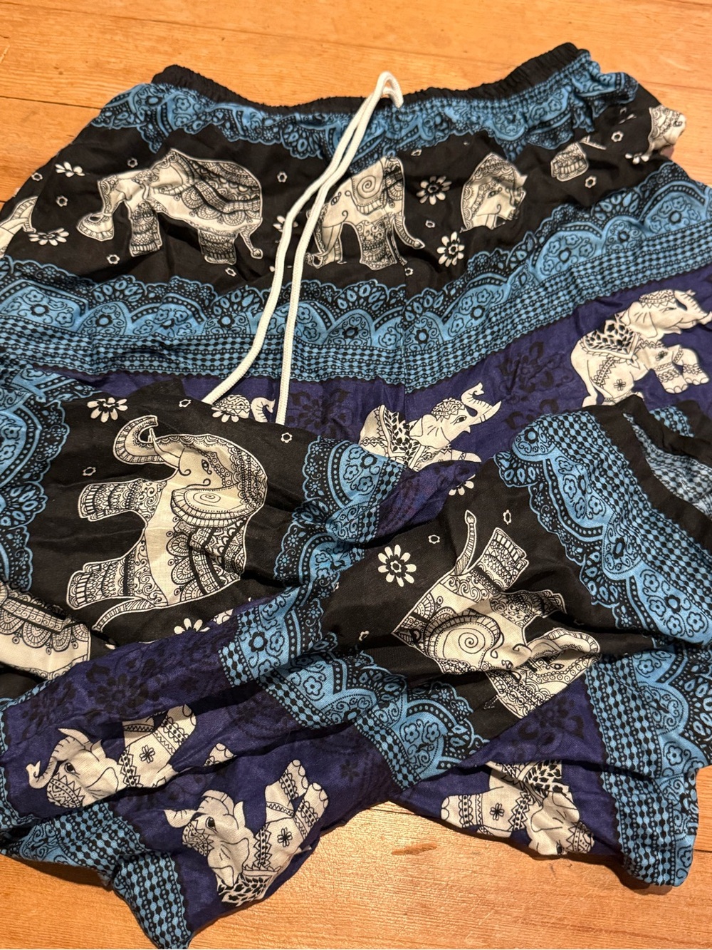 Bohemian Elephant Print Drawstring Joggers - Blue & Black